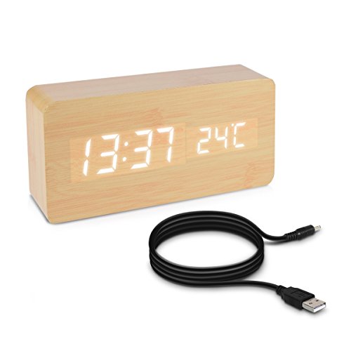 kwmobile Wecker Uhr in Holzoptik digital - Digitalwecker Anzeige von Uhrzeit Temperatur Datum - Alarm Clock mit USB Kabel in Birke mit weißen LEDs von kwmobile