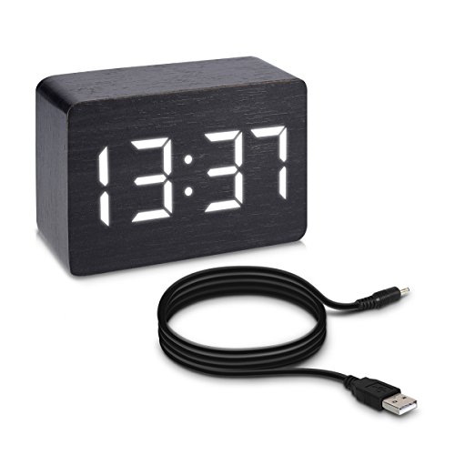kwmobile Wecker Uhr in Holzoptik digital - Digitalwecker Anzeige von Uhrzeit Temperatur Datum - Alarm Clock mit USB Kabel in Schwarz mit weißen LEDs von kwmobile