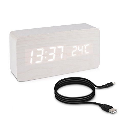 kwmobile Wecker Uhr in Holzoptik digital - Digitalwecker Anzeige von Uhrzeit Temperatur Datum - Alarm Clock mit USB Kabel in Weiß mit weißen LEDs von kwmobile