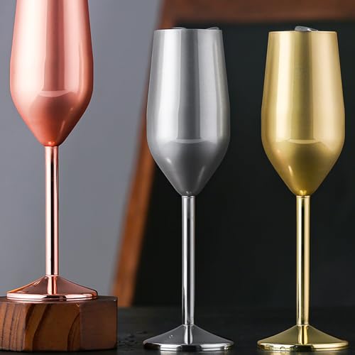 kyaoayo 260ML Champagner Gläser, Sektgläser Edelstahl Champagnerglas, Metall Weinglas, WeingläSer Aus Edelstahl, Cocktailgläser, für Den TäGlichen Gebrauch. (Gold+Roségold+Silber) von kyaoayo