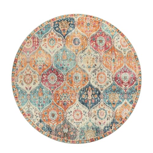 kyaoayo Runder Teppich Vintage Boho, Waschbar Vintage Kurzflor Teppich, rutschfest Teppich für Esszimmer Schlafzimmer, In & Outdoor Modern Mandala Bedruckt Teppich (orange, Durchmesser 160CM) von kyaoayo