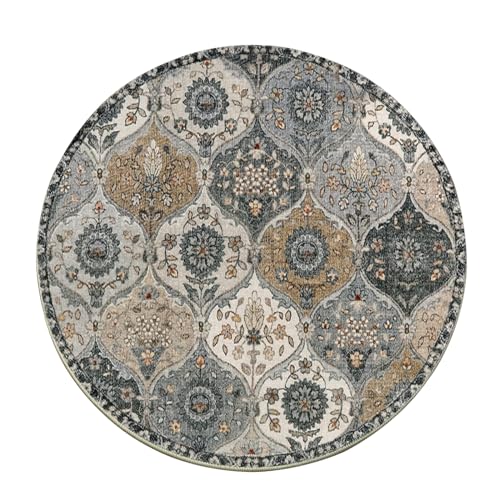 kyaoayo Runder Vintage Boho Teppich - Waschbar, Kurzflor, rutschfest für Esszimmer Schlafzimmer - In & Outdoor Modern Mandala Bedruckt (Grau, Durchmesser 140CM) von kyaoayo