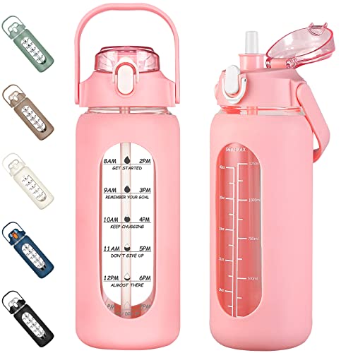 kytffu 1,5 l Glas-Wasserflaschen mit Strohhalm, motivierende Glasflasche mit Silikonhülle und Zeitmarkierung, auslaufsicher, großer Glas-Wasserkrug für Fitnessstudio, Heimbüro, Rosa von kytffu