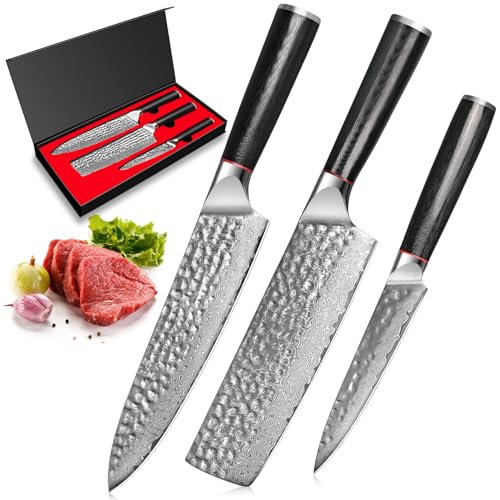 kyushublade Damastmesser Kochmesser set,3-teiliges Küchenmesserset 67 Schicht Damaszener Stahl Küchenmesser Profi Chefmesser Damast Messer mit Pakkawood Griff von kyushublade