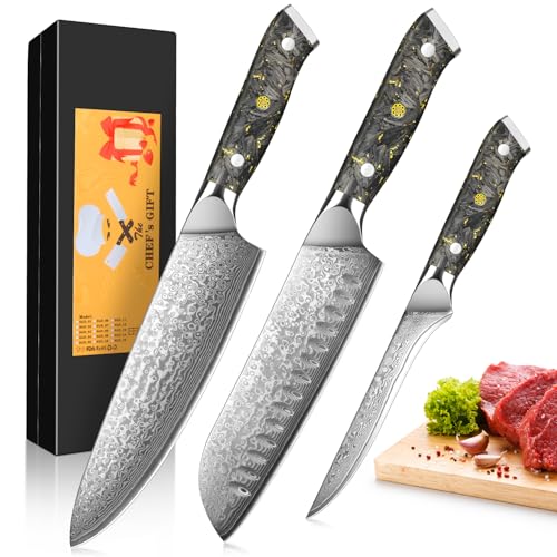 kyushublade Küchenmesser Set 3er Verbundstahl Chefmesser Set, Kochmesser Set Damaststahl, Profi Scharf Edelstahl Messerset Chefmesser Santokumesser Filetiermesser Ergonomischer Griff von kyushublade