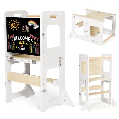 Labebe Lernturm ab 1 Jahr, Montessori Learning Tower mit Tafel, 3 in 1 Multifunktion Lernturm Klappbar, Umkippschutz Farbblockiertes Tritthocker Kinder-Weiß&Holz Labebe Lernturm ab 1 Jahr, Montessori Learning Tower mit Tafel, 3 in 1 Multifunktion Lernturm Klappbar, Umkippschutz Farbblockiertes Tritthocker Kinder-Weiß&Holz von labebe