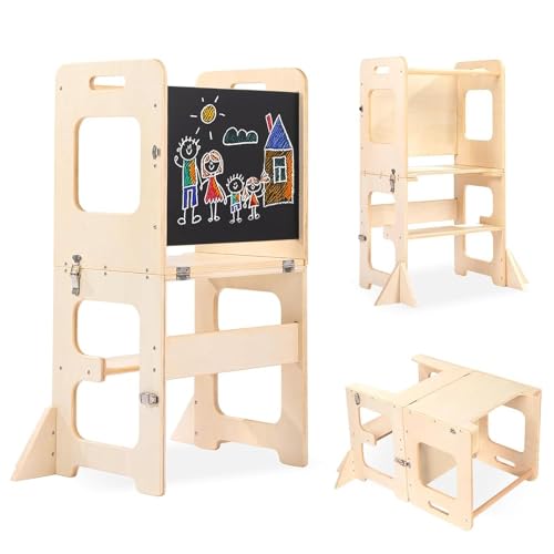 Labebe Lernturm für Kinder, Faltbarer Montessori Learning Tower, 3 in 1 Tritthocker Lernstuhl Kinderhocker mit Tafel, Montessori Küchenhelfer Lernturm ab 18 Monate (Holz) von labebe