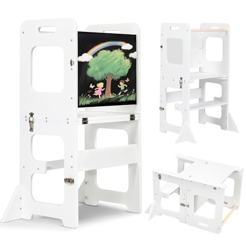 Labebe Lernturm für Kinder, Montessori Faltbarer Lernturm mit Tafel, Multifunktion 3 in 1 Learning Tower, Höchste Sicherheit lernturm ab 18 Monate für Küche Tisch Bad Lernstuhl Lerntower（Weiß） von labebe