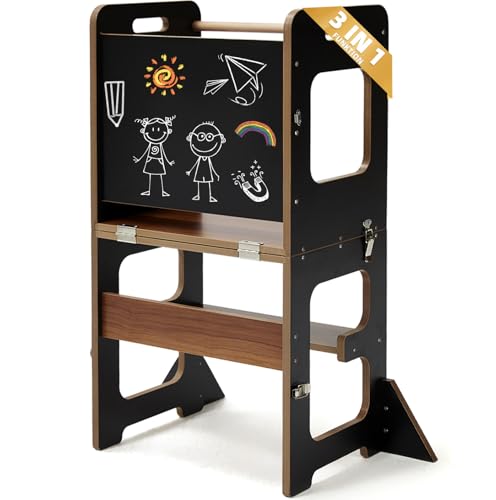 labebe Lernturm für Kinder, Montessori Learning Tower mit Tafel, 3 in 1 Klappbar Multifunktion Lernturm, Umkippschutz Lerntower Lernturm ab 1 Jahr-Schwarz von labebe
