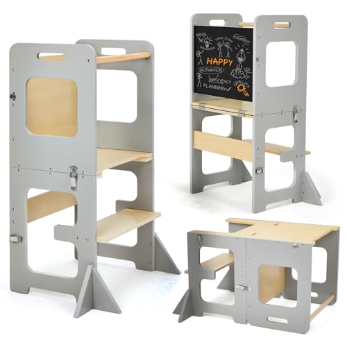 Labebe Lernturm für Kinder, Montessori Learning Tower mit Tafel, Multifunktion 3 in 1 Faltbarer Lernturm, Lernturm ab 1 Jahr für Küche Tisch Bad Lerntower（Grau） von labebe