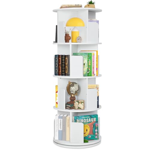 labebe Drehbares Bücherregal 360 Grad, Holz-Eck-Bücherregal, 4-stöckiges drehendes Bücherregal, bodenstehendes Bücherregal, stapelbares Bücherregal, Aufbewahrungsregal Organisator, weiß labebe Drehbares Bücherregal 360 Grad, Holz-Eck-Bücherregal, 4-stöckiges drehendes Bücherregal, bodenstehendes Bücherregal, stapelbares Bücherregal, Aufbewahrungsregal Organisator, weiß von labebe