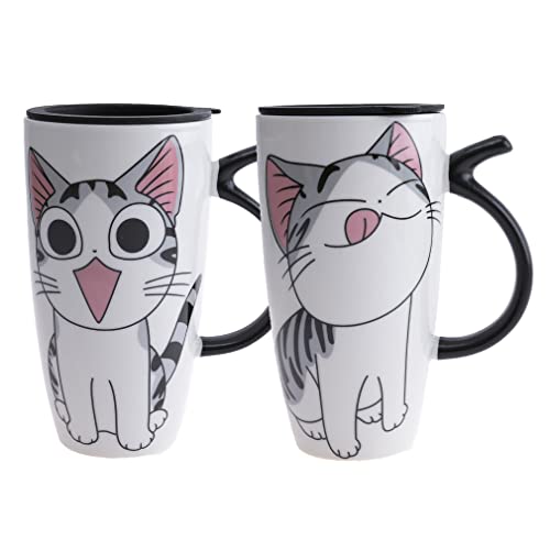 lachineuse - Set mit 2 Tassen Katze Kawaii Gourmand 600 ml – große weiße XXL Tassen aus Porzellan – japanische Tee- & Kaffeebecher – mit Thermodeckel – Lucky Cat – Tasse Geschenkidee Japan Asien – von lachineuse