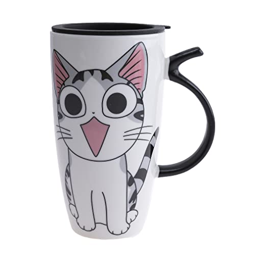lachineuse - Tasse Katze Kawaii Happy 600 ml – große weiße XXL-Tasse aus Porzellan – japanische Tasse für Tee & Kaffee – mit Thermodeckel – Lucky Cat – Tasse Geschenkidee Japan Asien – Riesenbecher von lachineuse