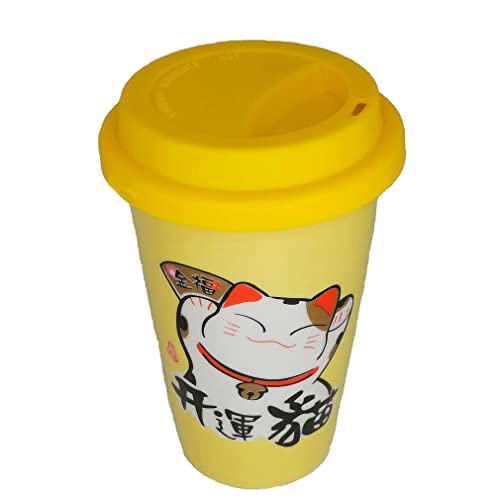 lachineuse - Tasse Katze Maneki Neko 300 ml mit Deckel - gelbe Tasse aus Porzellan - Original japanische Tasse für Tee & Kaffee - Thermodeckel - Japanische Katze Kawaii Lucky Cat - Tasse Geschenkidee von lachineuse