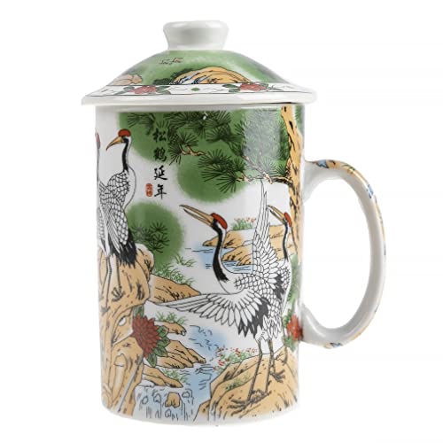 Lachineuse - Chinesische Kräutertee Landschaft – Teetasse aus Porzellan – mit Teesieb & Deckel – chinesische Malerei mit Vögeln der Langlebigkeit – traditionelles Geschirr aus China – Geschenkidee Tee von lachineuse