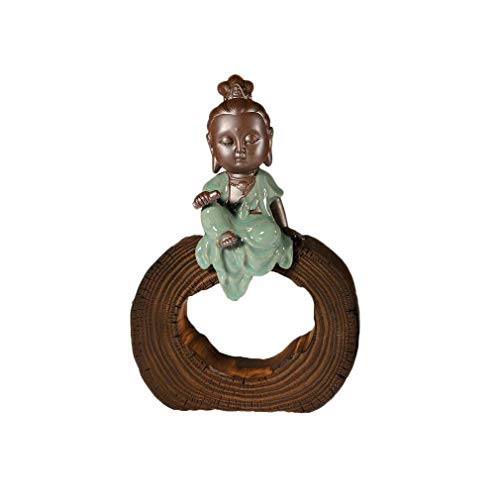 Lachineuse – GuanYin-Göttin-Statuette – asiatische Zen-Ambiente-Dekoration – buddhistische Göttin und Holzstütze – Keramik-Statuette – Mehrfarbig – Figur 20 x 9,5 x 6,5 cm – asiatische Geschenkidee von lachineuse