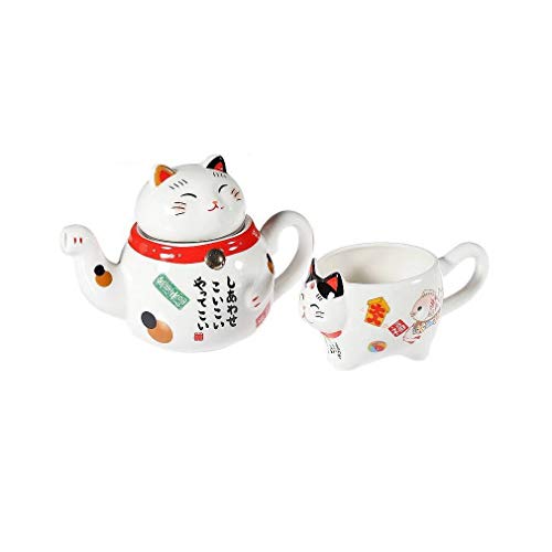lachineuse - Japanisches Teeservice Maneki Neko – mit Teekanne & Tasse aus Porzellan – Teekanne mit Sieb – Geschenkidee Japan Katze Kawaii Süß zum Geburtstag, Weihnachten – Asiatisches Geschirr von lachineuse