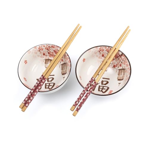 lachineuse - Set mit 2 japanischen Schüsseln Kirschblüten Ø 11 cm – Reisschüsseln, Poke Bowl, Frühstück & Suppe – 2 Paar Essstäbchen – asiatische Schüssel Japan Asien – Geschenk japanisches Geschirr von lachineuse