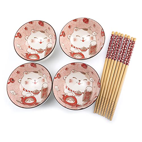 lachineuse - Set mit 4 Schalen Maneki Neko – Reisschale, Frühstück & Suppe – japanisches Geschirr aus Porzellan – mit Essstäbchen – Glückskatze – japanisches Kawaii Japan – Weiß & Rot von lachineuse