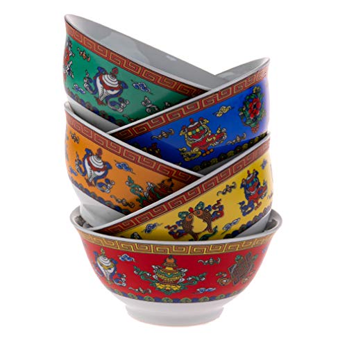 lachineuse - Serie 5 asiatische Reisschalen Ø 11,5 cm 275 ml - Design der 8 glücklichen buddhistischen Symbole – originelle und bunte Schalen – asiatische Traditionen und Dekoration – Geschenkidee von lachineuse