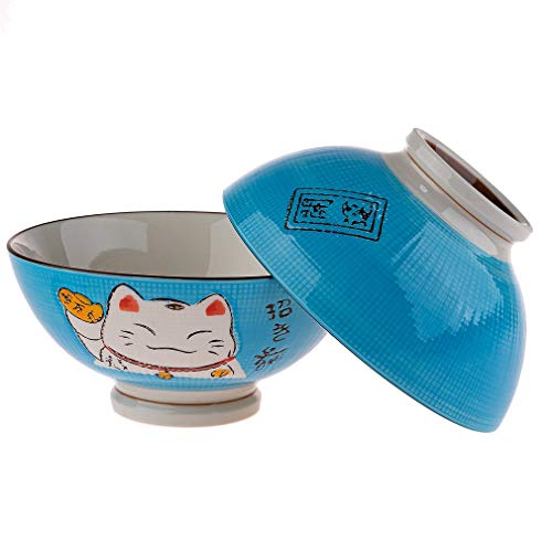 lachineuse 2 Porzellan Suppen- oder Ramenschalen - Katzenmuster Maneki Neko, Blau von lachineuse
