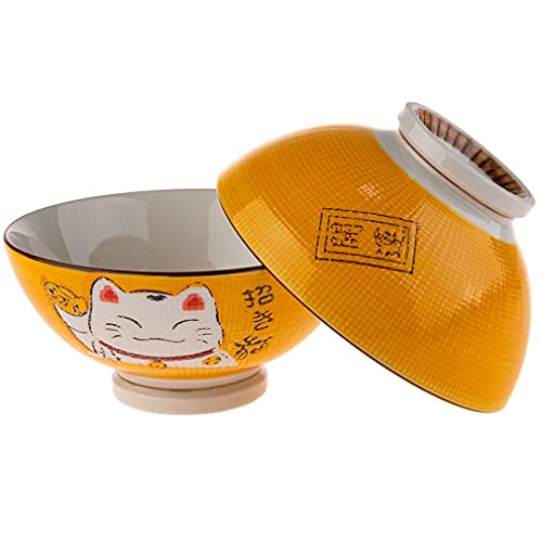 lachineuse - 2 Suppen- oder Ramen Schüsseln – Maneki Neko Design – Farbe Gelb – Mehrzweck-Schalen – Porzellan – japanische Dekoration – Geschenkidee Japan Asien von lachineuse