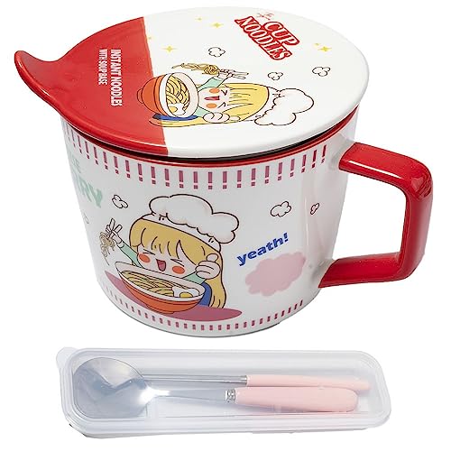 lachineuse - Instant-Nudel-Schüssel – Japanische Ramen-Schale & chinesische Nudeln – mit Besteck & Deckel – Frühstücksschale, Suppe, Reis – Geschenkidee Asiatisch, Japan China, Cup Nudeln – Rot von lachineuse