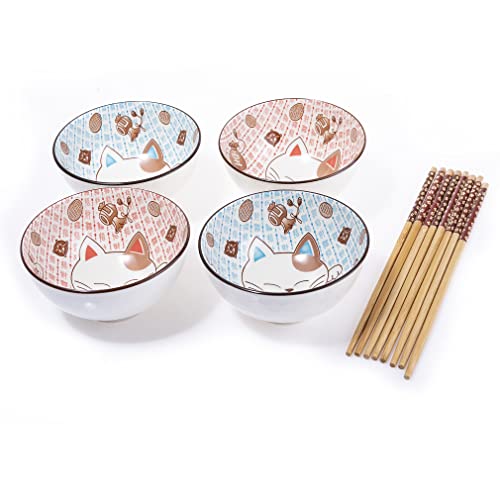 lachineuse - Set mit 4 Schüsseln japanischer Katze (Ø 11 cm) – Reisschüsseln, Frühstück & Suppe – japanisches Geschirr aus Porzellan – mit Essstäbchen – Maneki Neko Glücksbringer – Geschenk Deko von lachineuse