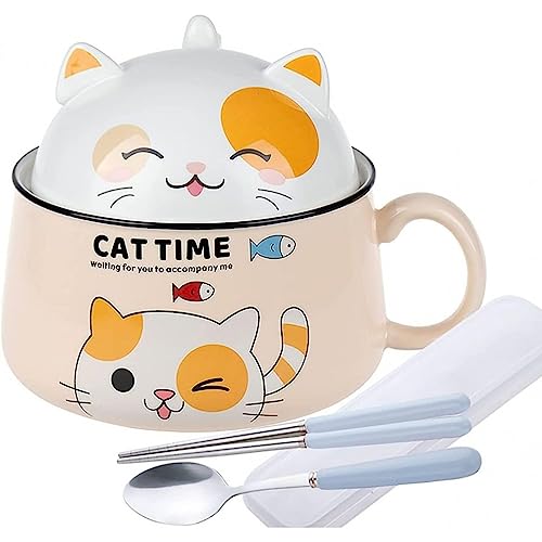 lachineuse - Japanische Ramenschale mit Deckel – Schüssel Katze Kawaii – Schüssel Instant-Nudeln & Frühstück – mit Besteck – Geschenkidee Anime Japan – Chinesische Schüssel für Kinder Erwachsene – von lachineuse