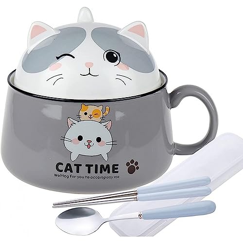 Lachineuse - Ramen Schüssel Kawaii Katze mit Deckel - Cat Time Ramen Bowl 1020 ml - Nudelsuppe Schüssel - Nudelschüssel Schale - Müslischalen mit Henkel - Farbe Grau von lachineuse