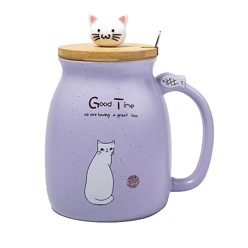 lachineuse - Tasse Kawaii 450 ml – große Tasse Katze mit Deckel & Löffel – Teetasse, Tee & Kaffee – Original japanische Tasse – Geschenkidee Japan Asien – Kitty Mignon – Farbe Lila Violett von lachineuse