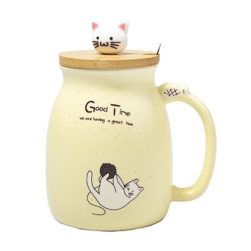 lachineuse - Tasse Kawaii 450 ml – große Tasse Katze mit Deckel & Löffel – Teetasse & Kaffee – Original japanische Tasse – Geschenkidee Japan Asien – Kitty Mignon – Farbe Gelb von lachineuse