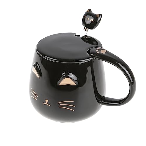 lachineuse - Tasse Katze Kawaii 450 ml – Tasse Katze mit Deckel & Löffel – Farbe Schwarz & Gold Keramik – Teetasse Kaffee – Original japanische Tasse – Geschenkidee Japan Asien Kitty Mignon von lachineuse