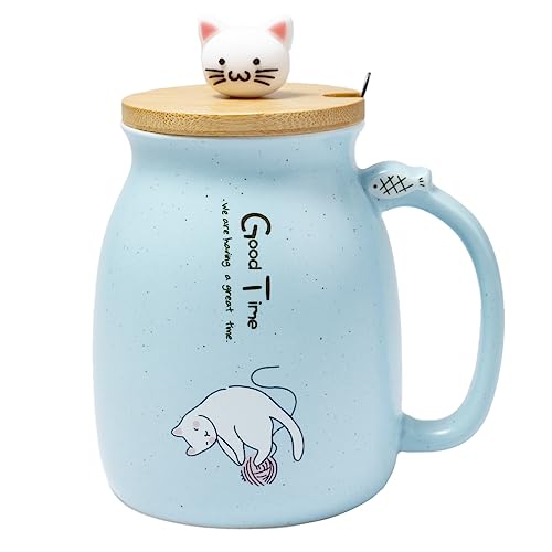 lachineuse Kawaii Katzentasse, 450 ml, Blau, mit Deckel und Löffel von lachineuse