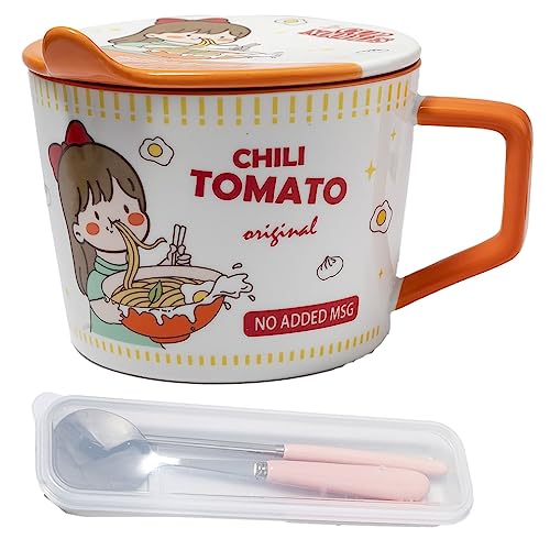 lachineuse - Instant-Nudel-Schale – japanische Ramen-Schale & chinesische Nudeln mit Besteck & Deckel – Frühstücksschale, Suppe, Reis – Geschenkidee Asiatisch, Japan China, Cup Nudeln – Orange von lachineuse