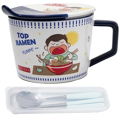 lachineuse - Instant-Nudelschüssel - Japanische Ramen- und chinesische Nudelschüssel - Mit Besteck und Deckel - Frühstücksschüssel, Suppe, Reis - Japan-China-Geschenkidee - Cup-Nudeln - Blau von lachineuse
