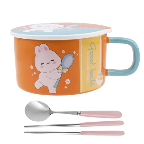 lachineuse - Nudelschüssel Instant – Asiatische Ramenschale – Porzellan – Motiv Kaninchen – 1000 ml – mit Deckel und Besteck – Frühstück, Suppe, Reis – Geschenkidee Asien Japan China – Orange von lachineuse