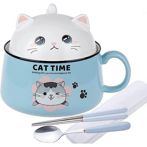 lachineuse - Japanische Ramenschale mit Deckel – Schüssel Katze Kawaii – Schüssel Instant-Nudeln & Frühstück – mit Besteck – Geschenkidee Anime Japan – Chinesische Schüssel für Kinder Erwachsene – von lachineuse