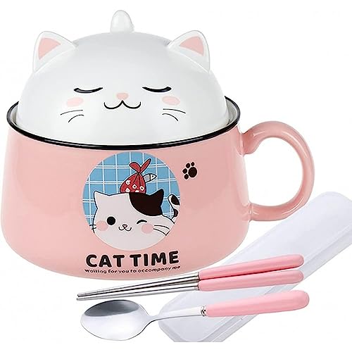 lachineuse - Japanische Ramenschale mit Deckel – Schüssel Katze Kawaii – Schüssel Instant-Nudeln & Frühstück – mit Besteck – Geschenkidee Anime Japan – Chinesische Schüssel für Kinder Erwachsene – von lachineuse