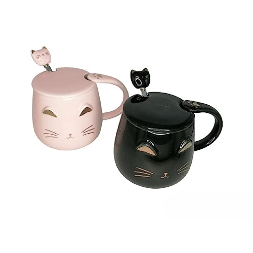 lachineuse - Set mit 2 Kawaii-Tassen, 450 ml, Katzentasse mit Deckel und Löffel – Farbe: Rosa und Schwarz – Porzellan – Teetasse, Kaffee, Original, japanische Geschenkidee von lachineuse