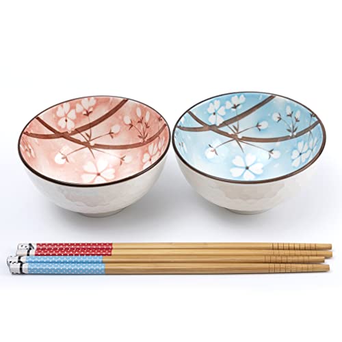 lachineuse - Set mit 2 japanischen Reisschalen – Design Zen Kirschblüten – Duo Rosa und Blau – begleitet mit 2 Paar Essstäbchen – Vergnügen Gourmand – japanische Dekoration – Geschenkidee Japan Asien von lachineuse