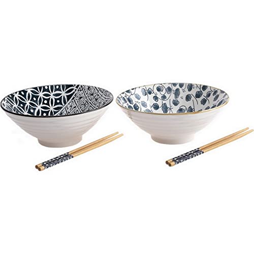 lachineuse - Set mit 2 Schüsseln im japanischen Stil, blau, 20,5 cm – XXL-Format – Reisschüsseln, Frühstück & Suppe – Traditionelle Zen-Motive – asiatische japanische Schüssel – Geschenk Geschirr von lachineuse