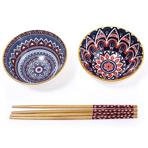 lachineuse - Set mit 2 ethnischen Schüsseln (Ø 11 cm) – Reisschüsseln, orientalische Suppe, Poke Bowl & Aperitif – 2 Paar Essstäbchen – Schalen Japan Asien Indien Ramadan – Geschenk asiatisches von lachineuse