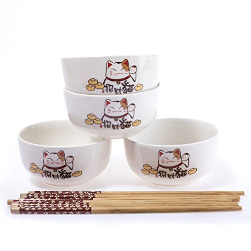 lachineuse - Set mit 4 Schalen japanischen Katzen – Reisschüsseln, Frühstück & Suppe – mit Essstäbchen – Geschirr Katze Maneki Neko Glücksbringer – originelles Geschenk – Kawaii Japan – Weiß von lachineuse