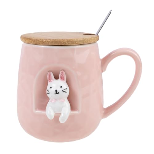 lachineuse Tasse Hase, 3D-Relief, Funny Bunny, Porzellan, Holz, Metall, 380 ml, mit Deckel und Löffel – Tasse Kaffee, Tee, Schokolade, Cappuccino – originelle Geschenkidee von lachineuse