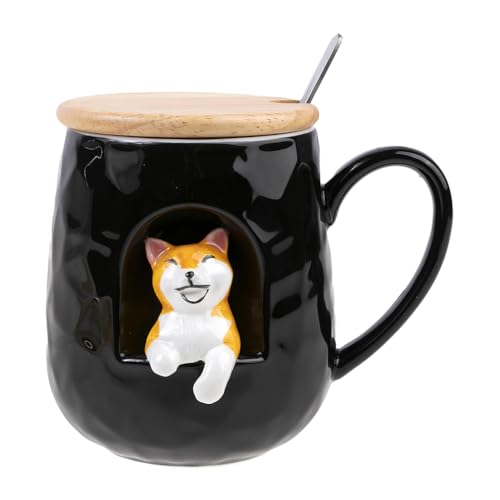 lachineuse - Tasse Hund – 3D-Relief – Happy Dog – Porzellan, Holz, Metall – 380 ml – mit Deckel und Löffel – Tasse Kaffee, Tee, Schokolade, Cappuccino – originelle Geschenkidee von lachineuse