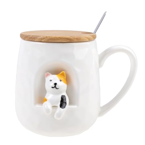 lachineuse - Tasse Katze – 3D-Relief – Happy Cat – Porzellan, Holz, Metall – 380 ml – mit Deckel und Löffel – Tasse Kaffee, Tee, Schokolade, Cappuccino – originelle Geschenkidee von lachineuse