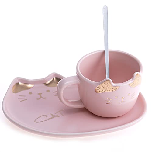 lachineuse - Tasse Katze – Design Kawaii – Katzenständer und Löffel – Rosa und Gold – Glücksbringer Japans – japanische Kultur – japanische Dekoration – Geschenkidee Japan Asien von lachineuse