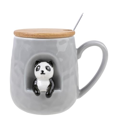 lachineuse Tasse Panda – 3D-Relief – Little Panda – Porzellan, Holz, Metall – 380 ml – mit Deckel und Löffel – Tasse Kaffee, Tee, Schokolade, Cappuccino – originelle Geschenkidee von lachineuse