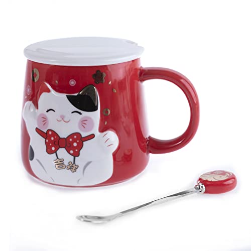 lachineuse - Tasse mit Relief – Dekor Katze Maneki Neko – Farbe Rot – mit Löffel – japanische Dekoration – Geschenkidee Japan Asien von lachineuse